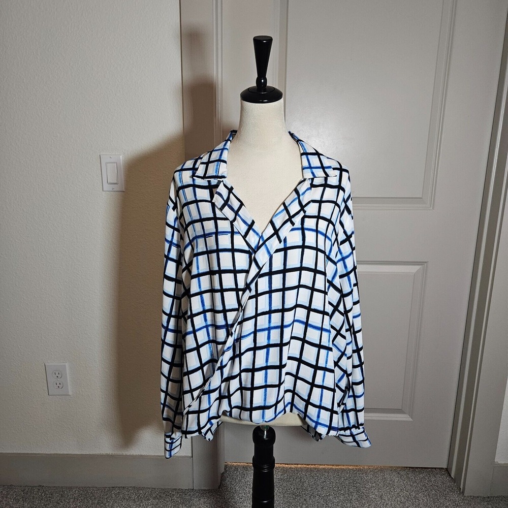 $99 NWT Calvin Klein Wrap Top Women‎ 2X Collared Long Sleeve Blue White Plaid